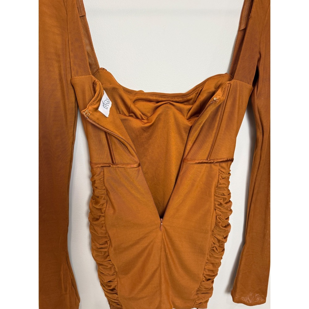 Oh Polly Corset Long Sleeve Mesh Mini Dress Baddie Hot Rouched Sheer Brown 2 - Picture 9 of 13